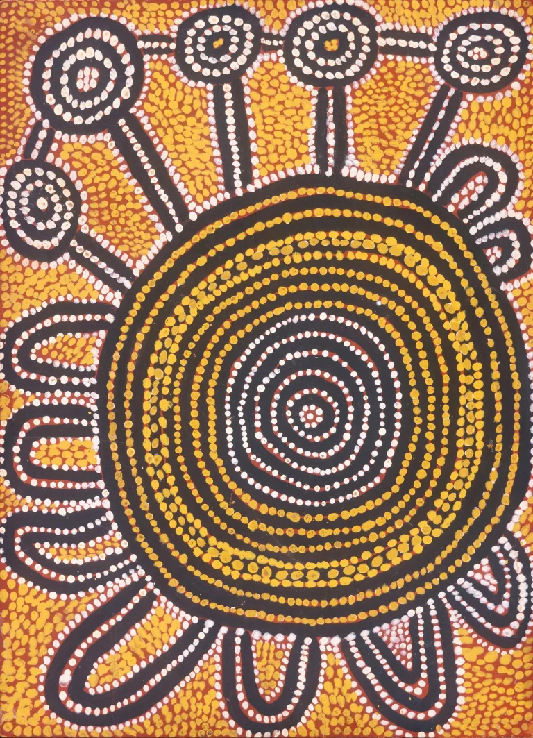 Art work by Dr George Tjapaltjarri (born c.1930 – 2017) Puli-puru-tjunku, 1977, synthetic polymer powder paint on composition board