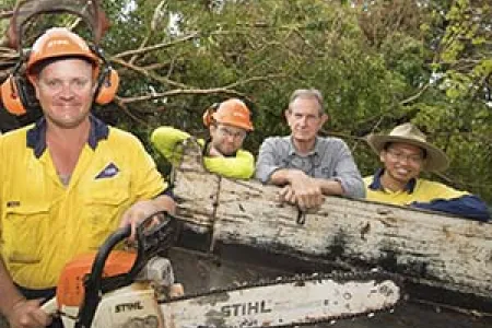 Jensen Norris, Bob Maxwell, Aidan Oakley, Bill McGuinness and Khai Liang Khor at the fallen Banyan Fig near the university library